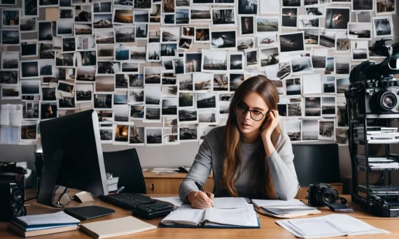 Фотограф за рабочим столом, окруженная распечатанными фотографиями и оборудованием, демонстрирует необходимость организации фотоархива.