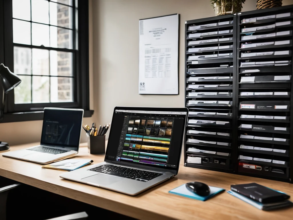Фотография современного рабочего места фотографа с двумя мониторами, ноутбуком и системой хранения фотографий.