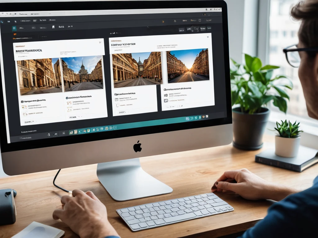Фотография рабочего места с монитором, на котором отображаются превью фотографий и информация о них.