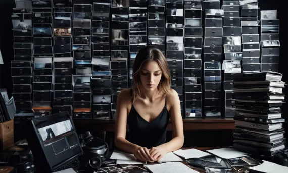 Фотография, иллюстрирующая беспорядок в организации фотографий: девушка окружена стопками распечатанных снимков и фотооборудованием.