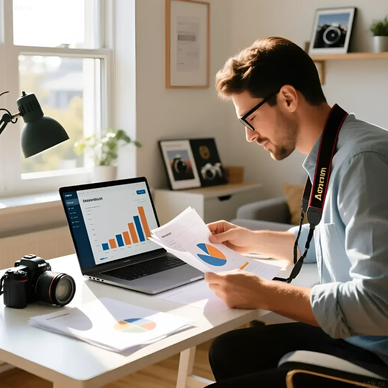 Фотография профессионального фотографа, изучающего финансовые графики на ноутбуке и бумажных отчетах, символизирующая важность учета в бизнесе.