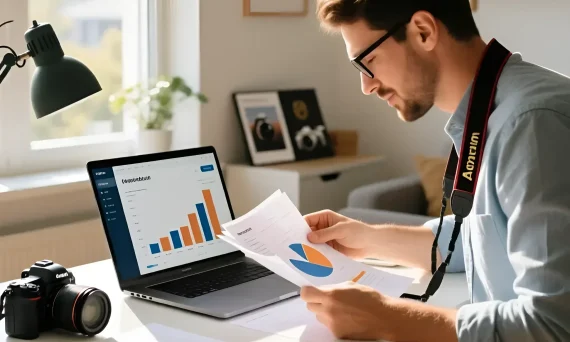 Фотография профессионального фотографа, изучающего финансовые графики на ноутбуке и бумажных отчетах, символизирующая важность учета в бизнесе.