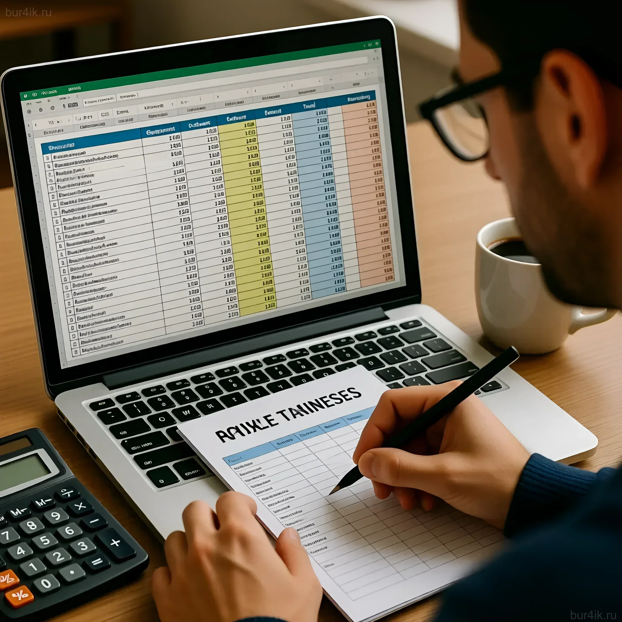 Изображение рабочего места фотографа с ноутбуком, таблицей расходов и чашкой кофе. Визуализация финансового планирования в фотобизнесе.