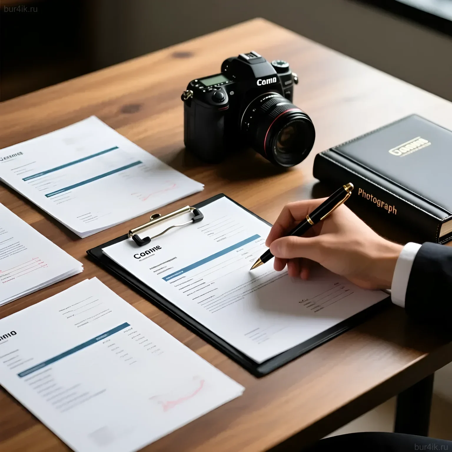Фотография рабочего места фотографа с документами, камерой и блокнотом для ведения финансового учета. Иллюстрация к статье о доходах фотографа.