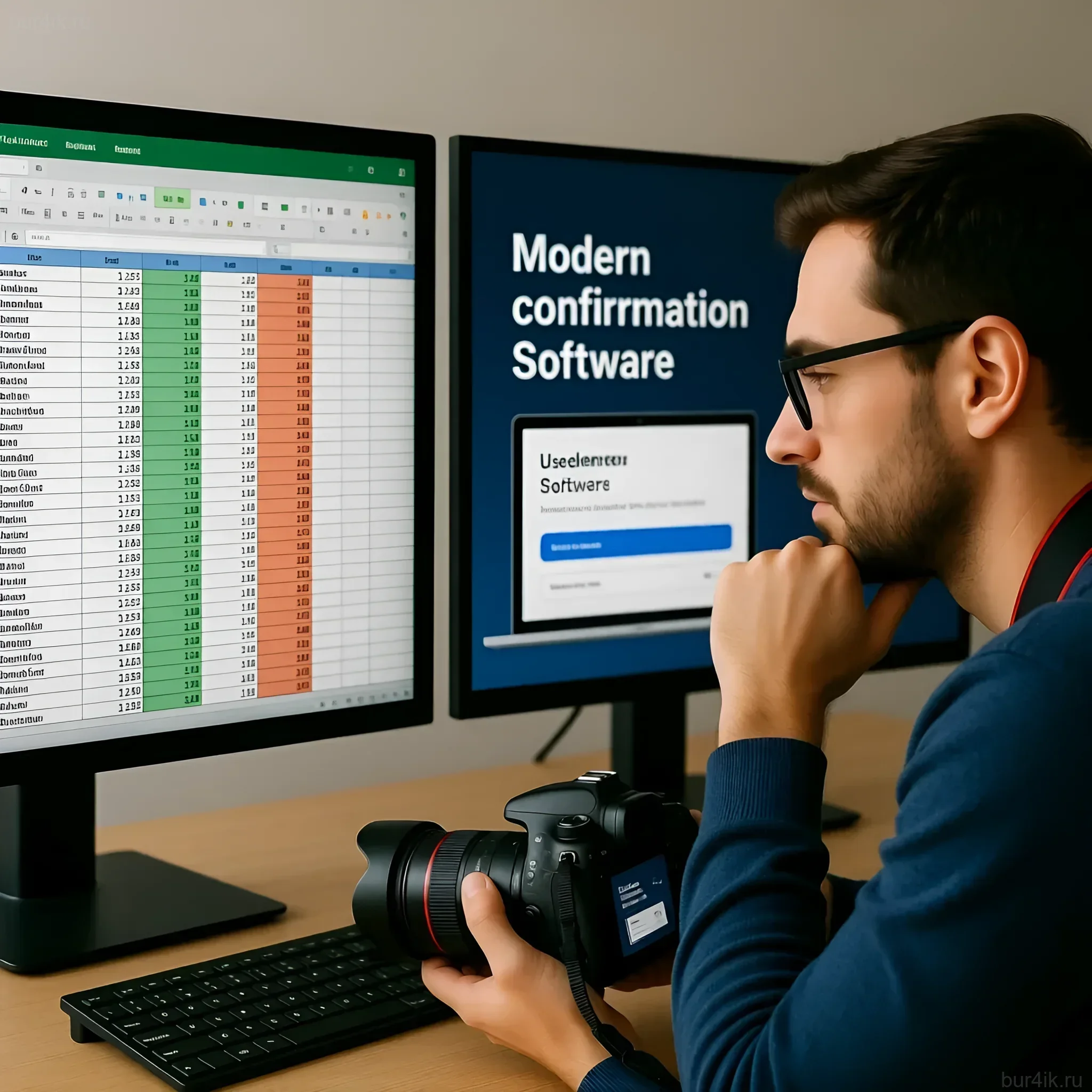 Изображение демонстрирует рабочее место фотографа с ноутбуком, таблицей расходов и планшетом для подтверждения платежей, символизируя финансовый контроль.