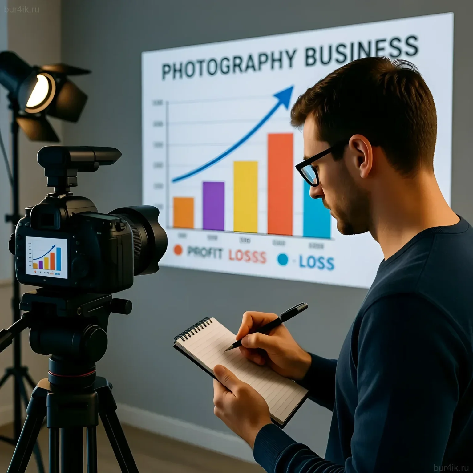Фотограф анализирует финансовые показатели своего бизнеса, используя графики прибыли и убытков. Иллюстрация для статьи о финансовом учете.