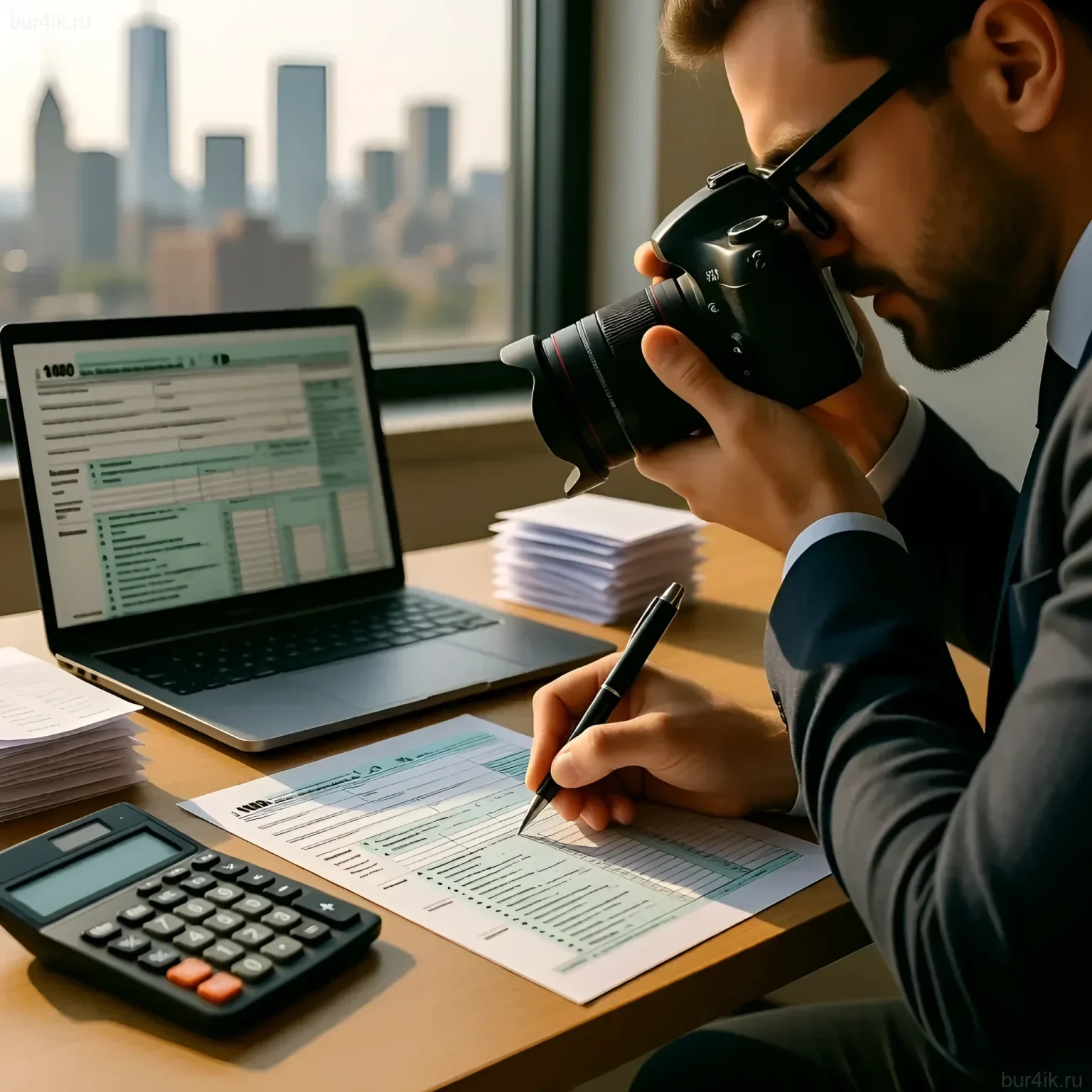 Фотография демонстрирует фотографа, заполняющего налоговую декларацию, символизируя необходимость финансового учета в творческой профессии.