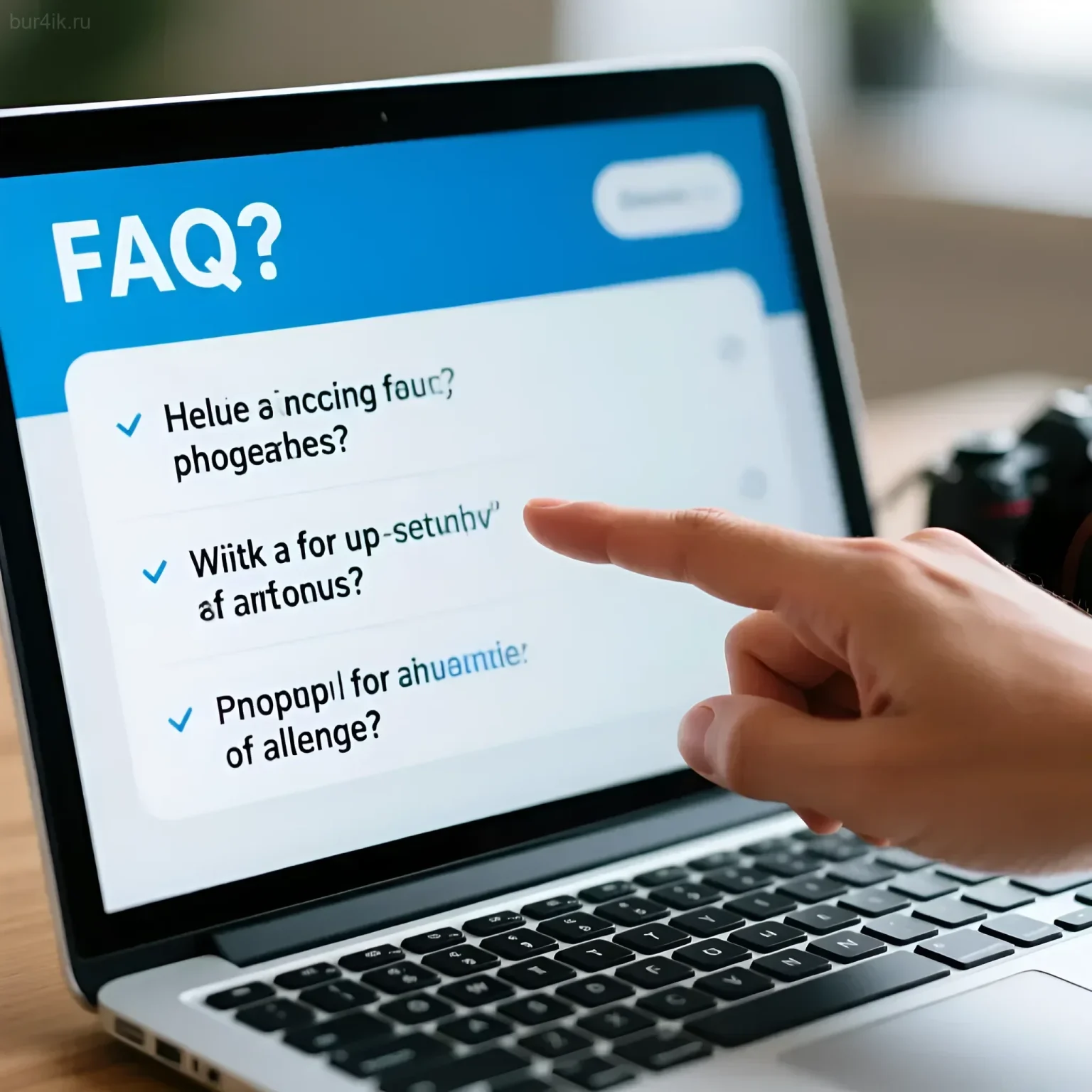 Иллюстрация к статье о финансовом учете для фотографов: рука указывает на вопросы в разделе FAQ на ноутбуке.
