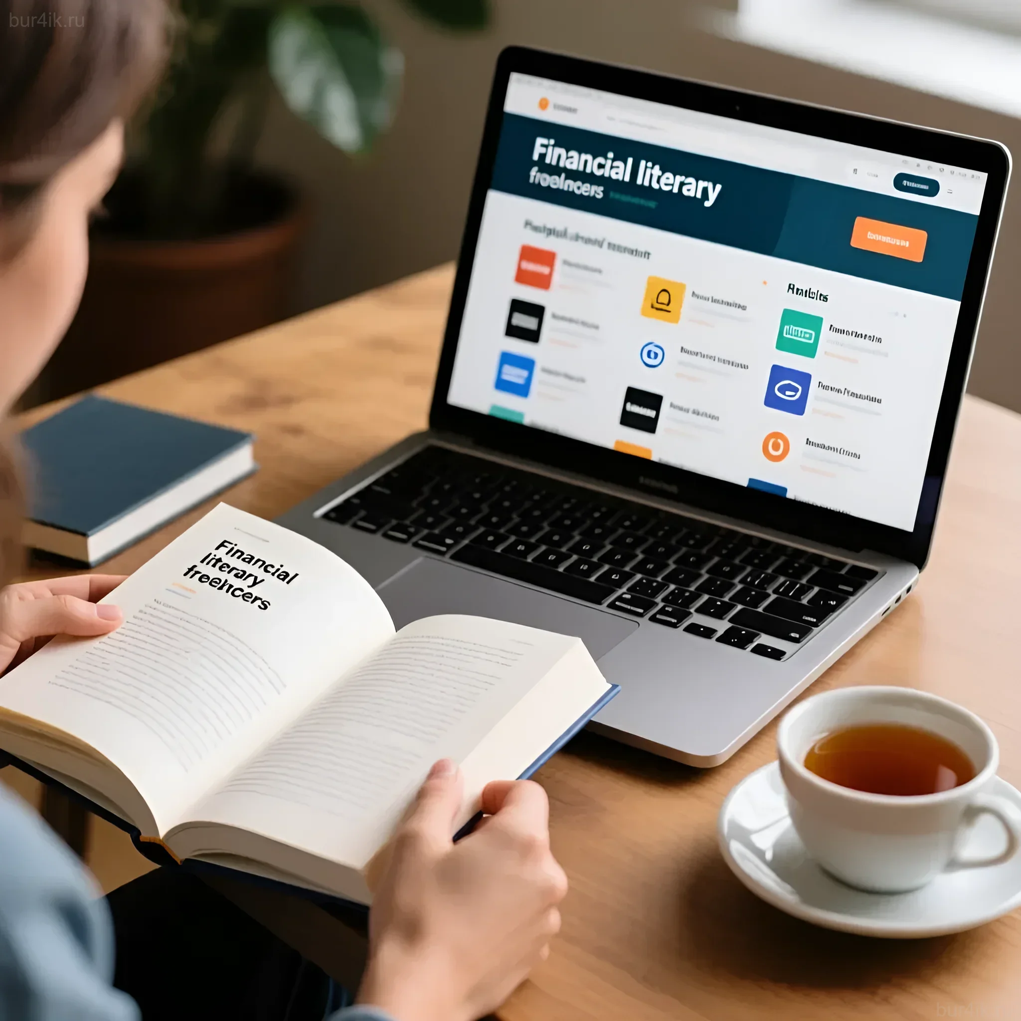 Изображение демонстрирует важность финансовой грамотности для фотографа-фрилансера, показывая человека, изучающего материалы по финансам на ноутбуке и в книге.