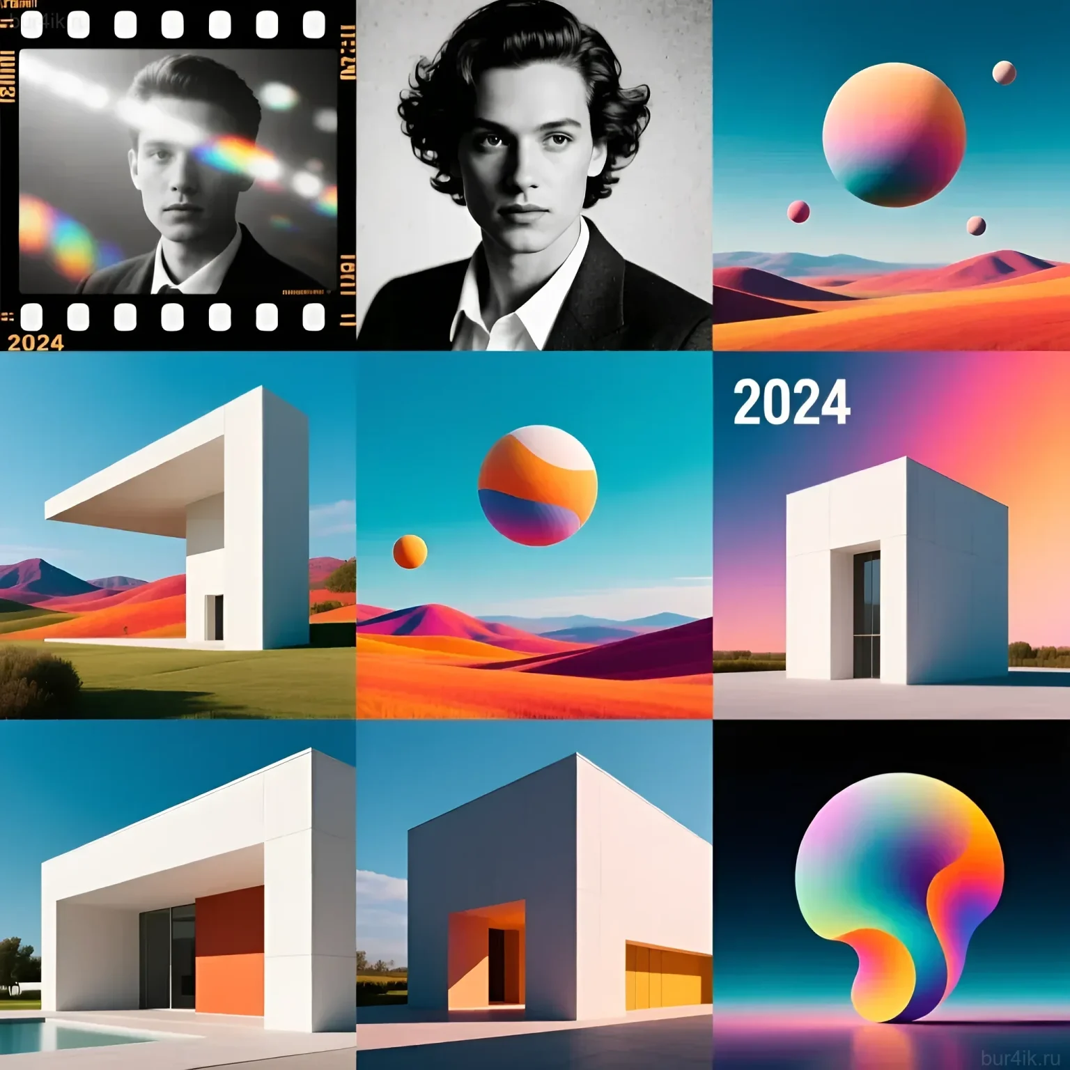 Коллаж из девяти изображений, демонстрирующий тренды фотографии 2024: портреты с зернистостью, минималистичная архитектура и яркие абстрактные элементы.