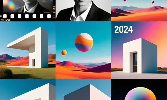 Коллаж из девяти изображений, демонстрирующий тренды фотографии 2024: портреты с зернистостью, минималистичная архитектура и яркие абстрактные элементы.