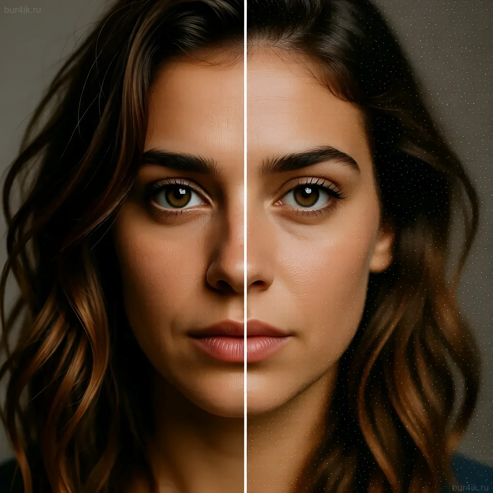 Иллюстрация демонстрирует разделенный портрет девушки, одна половина выполнена в стиле цифровой живописи, другая - реалистично. Подчеркивает тренд на смешение техник.