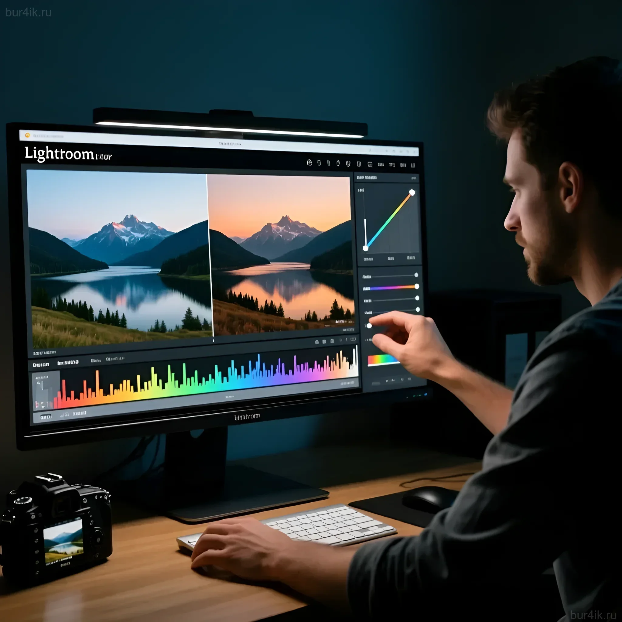 Фотограф настраивает цветокоррекцию в Adobe Lightroom, работая над пейзажем. Иллюстрация для статьи о трендах в обработке фото.