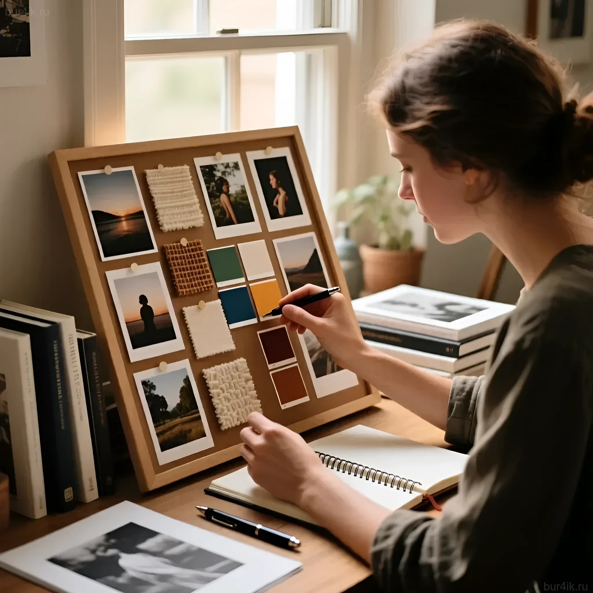 Фотография демонстрирует процесс создания мудборда для фотографа, отражая поиск вдохновения и формирование уникального визуального стиля. Идеально для статьи о трендах.