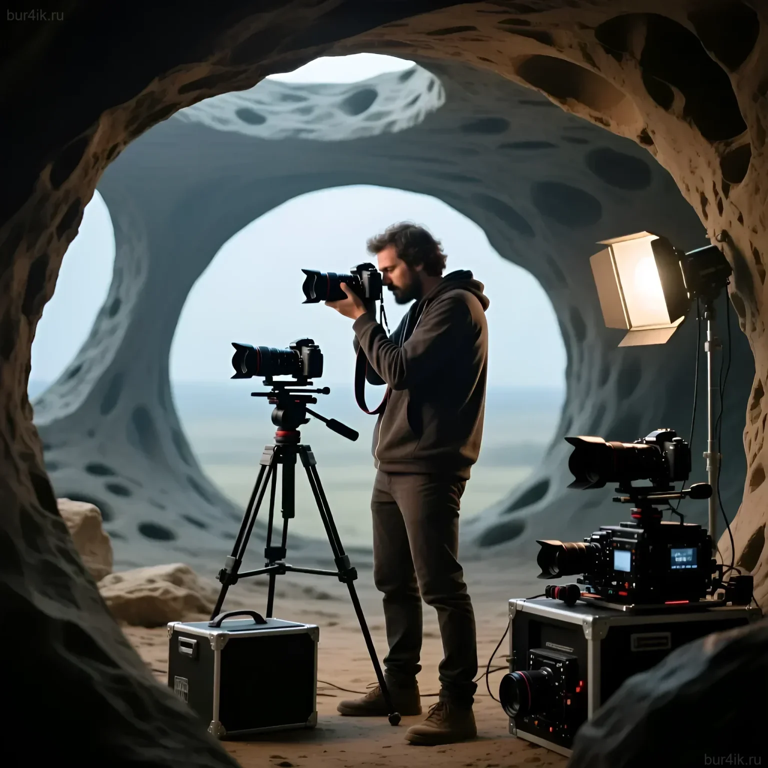 Фотография профессионального фотографа, работающего в живописной пещере с видом на море. Демонстрация сложного освещения и оборудования.