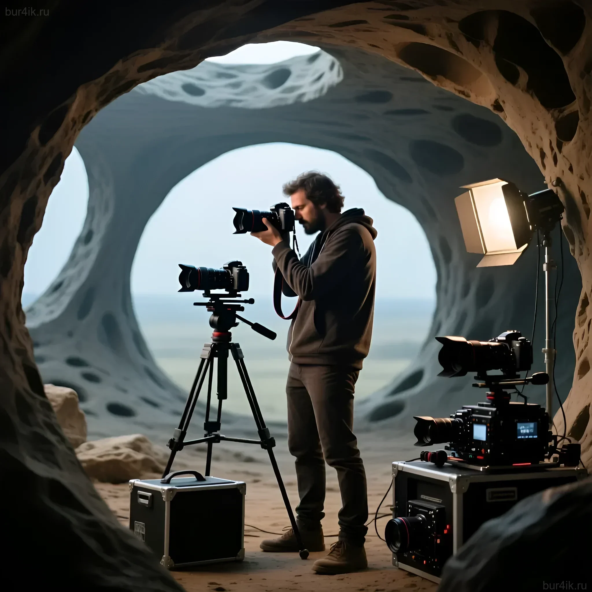 Фотография профессионального фотографа, работающего в живописной пещере с видом на море. Демонстрация сложного освещения и оборудования.