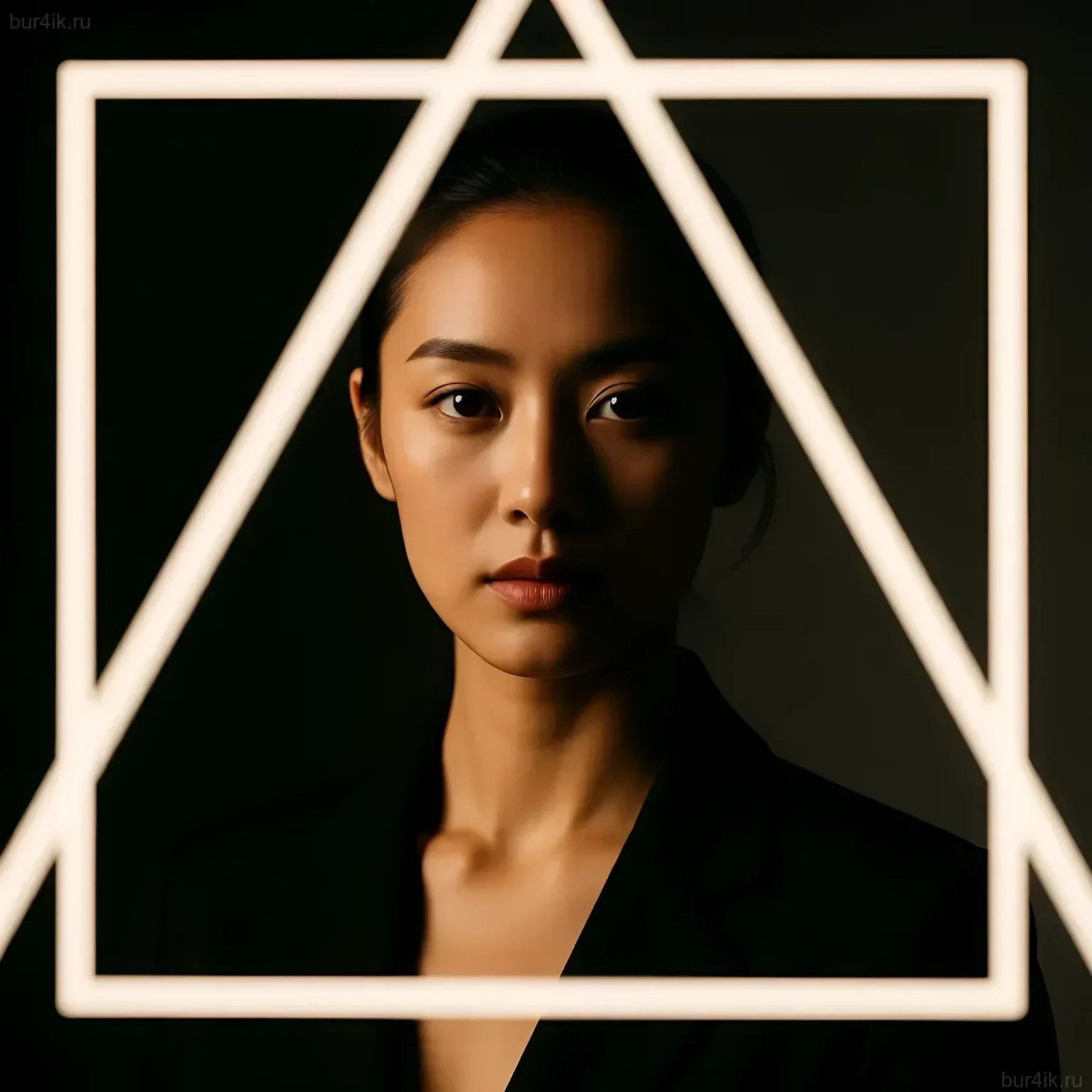 Стильный портрет девушки с азиатской внешностью, обрамленный неоновыми геометрическими фигурами. Современная фотосъемка для fashion-блога.