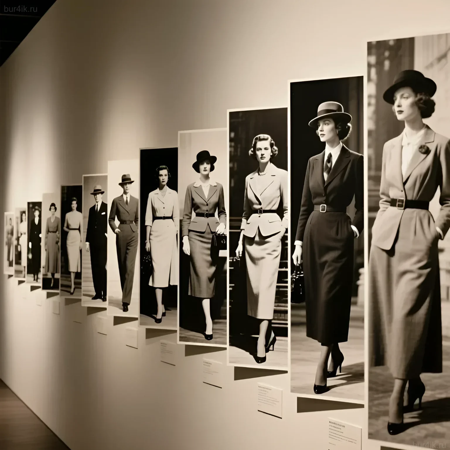 Фотография демонстрирует ряд черно-белых портретов моделей в классических костюмах 1940-х годов, представленных на музейной выставке. Идеально для иллюстрации влияния моды на фотографию.