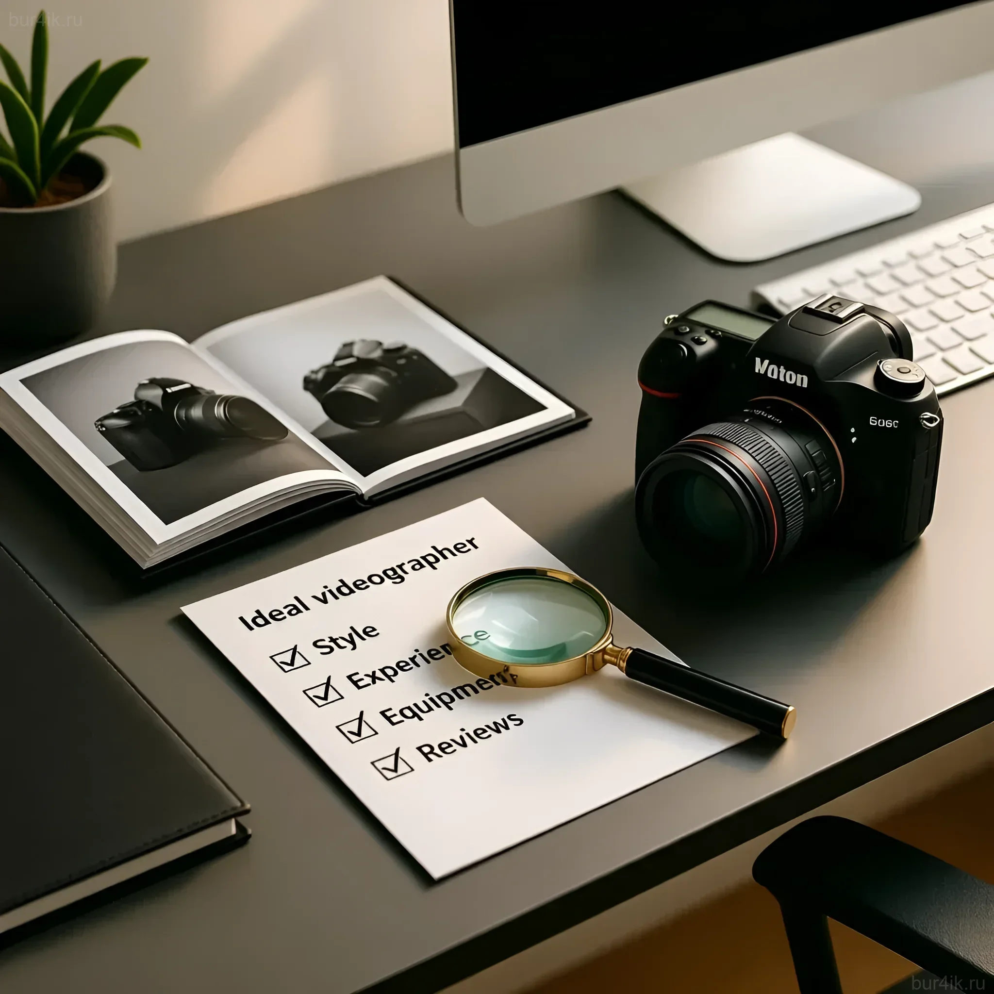 Иллюстрация рабочего пространства фотографа с чек-листом выбора видеографа, акцентирующая внимание на стиле, опыте и оборудовании.