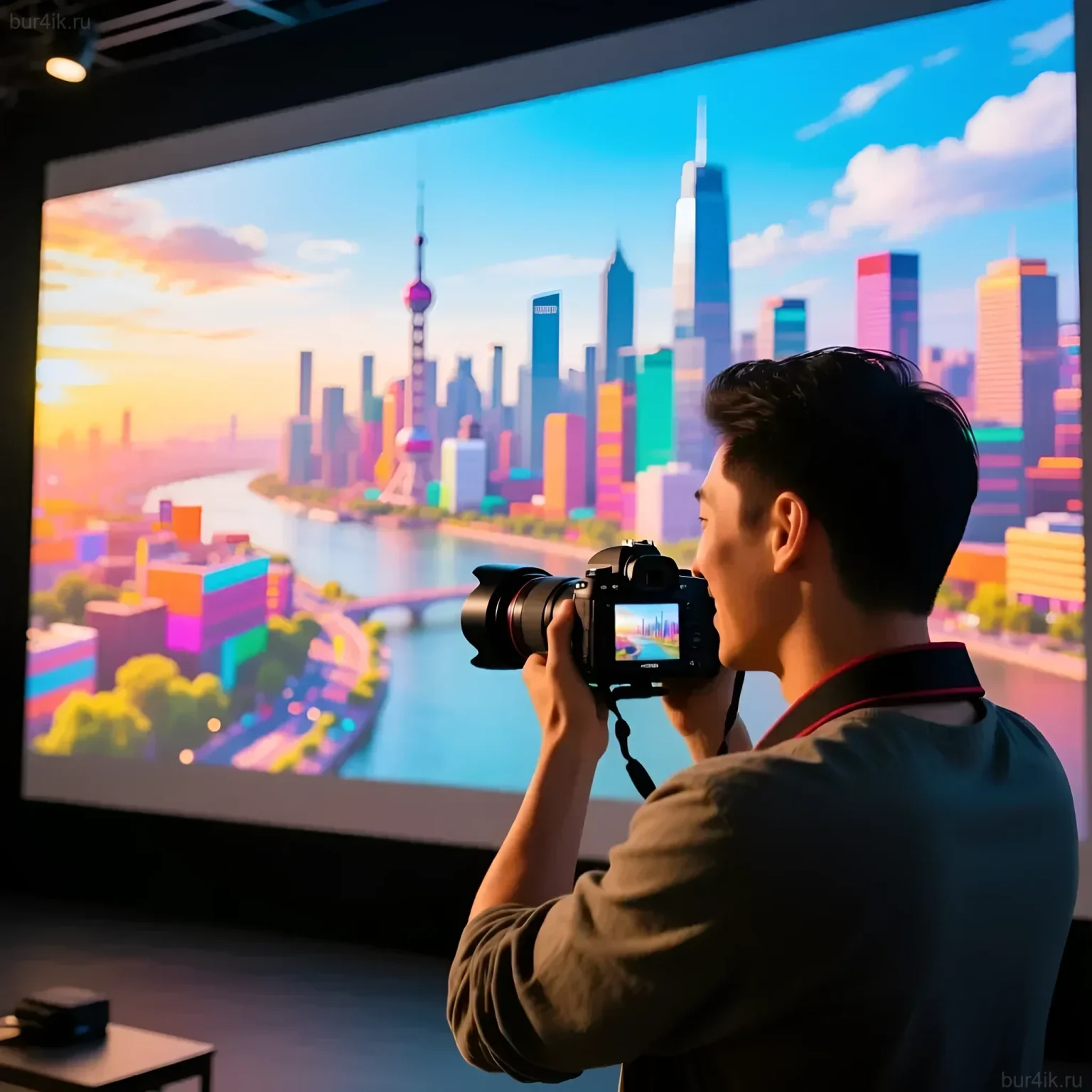 Фотограф снимает изображение с большого экрана, демонстрирующего панораму Шанхая. Иллюстрация сотрудничества фотографа и видеографа для создания контента.