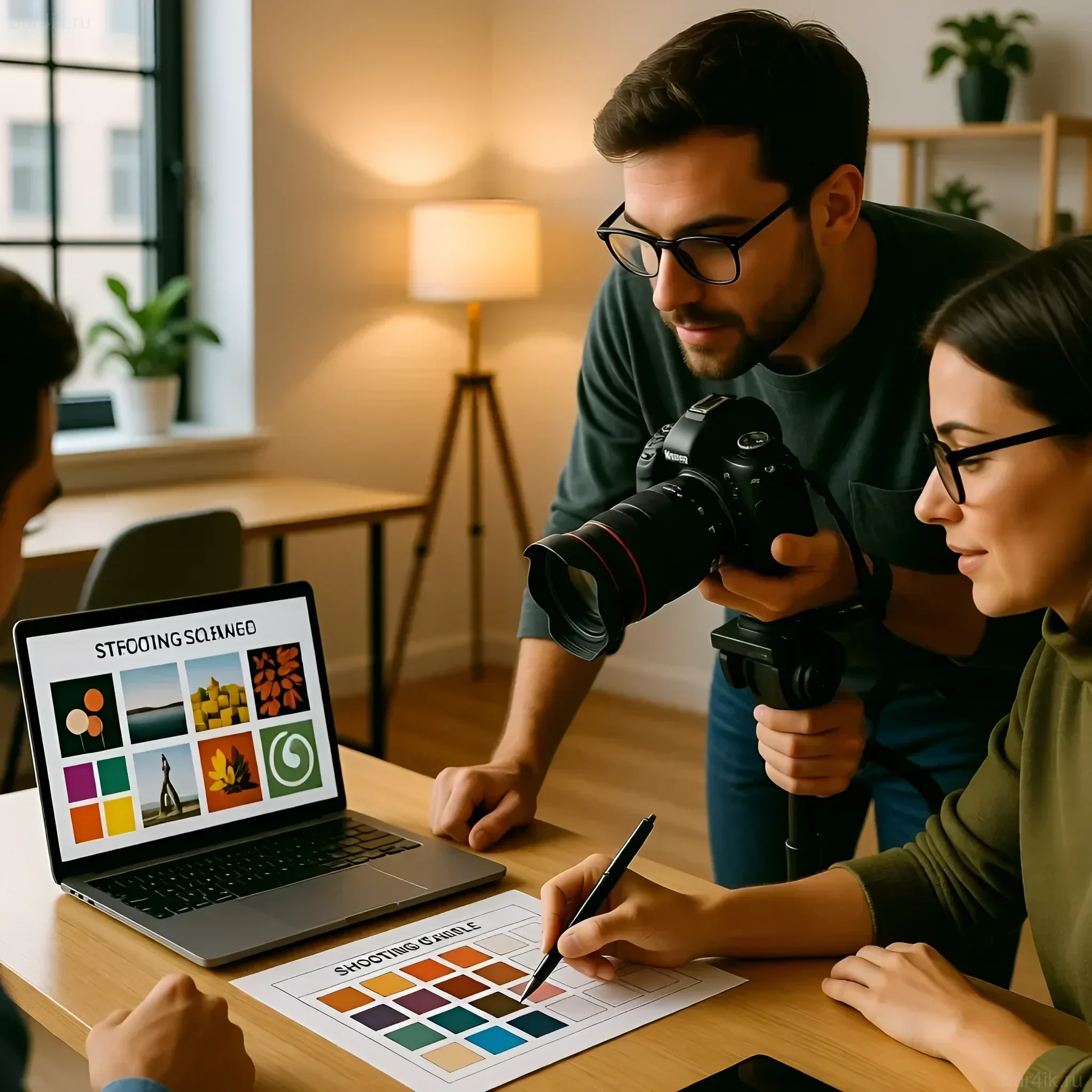 Фотография демонстрирует фотографа, обсуждающего раскадровку и цветовую палитру со своей командой, подчеркивая важность подготовки к съемке.