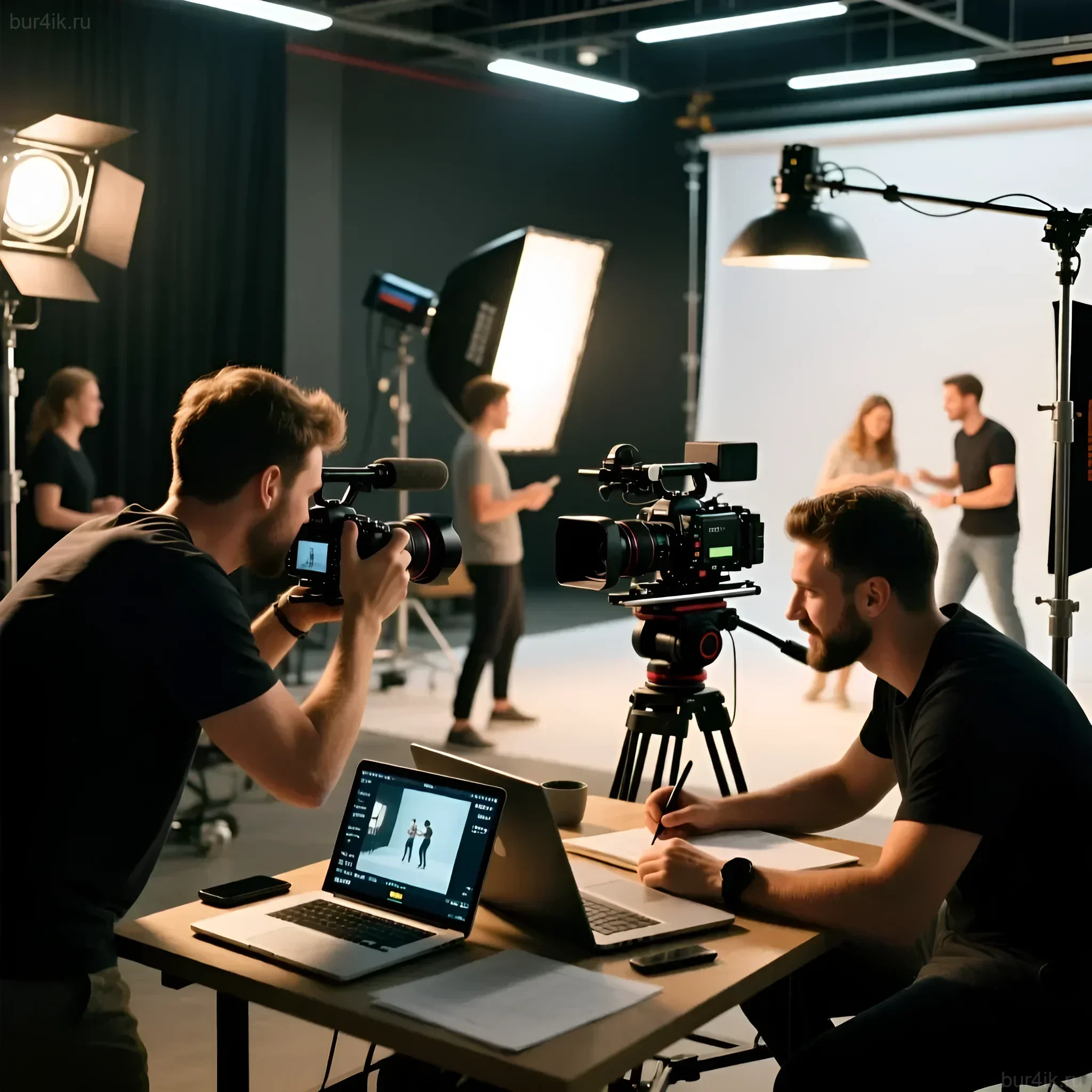 Фотография демонстрирует слаженную работу фотографа и видеографа в студии, подчеркивая важность командной работы для создания качественного контента.