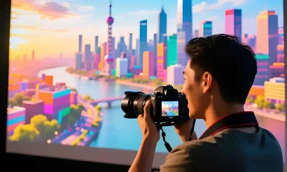 Фотограф снимает изображение с большого экрана, демонстрирующего панораму Шанхая. Иллюстрация сотрудничества фотографа и видеографа для создания контента.