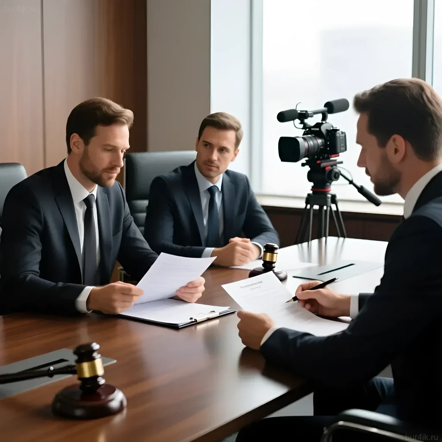Фотография деловой встречи фотографа и видеографа с юристом для обсуждения условий сотрудничества и авторских прав.