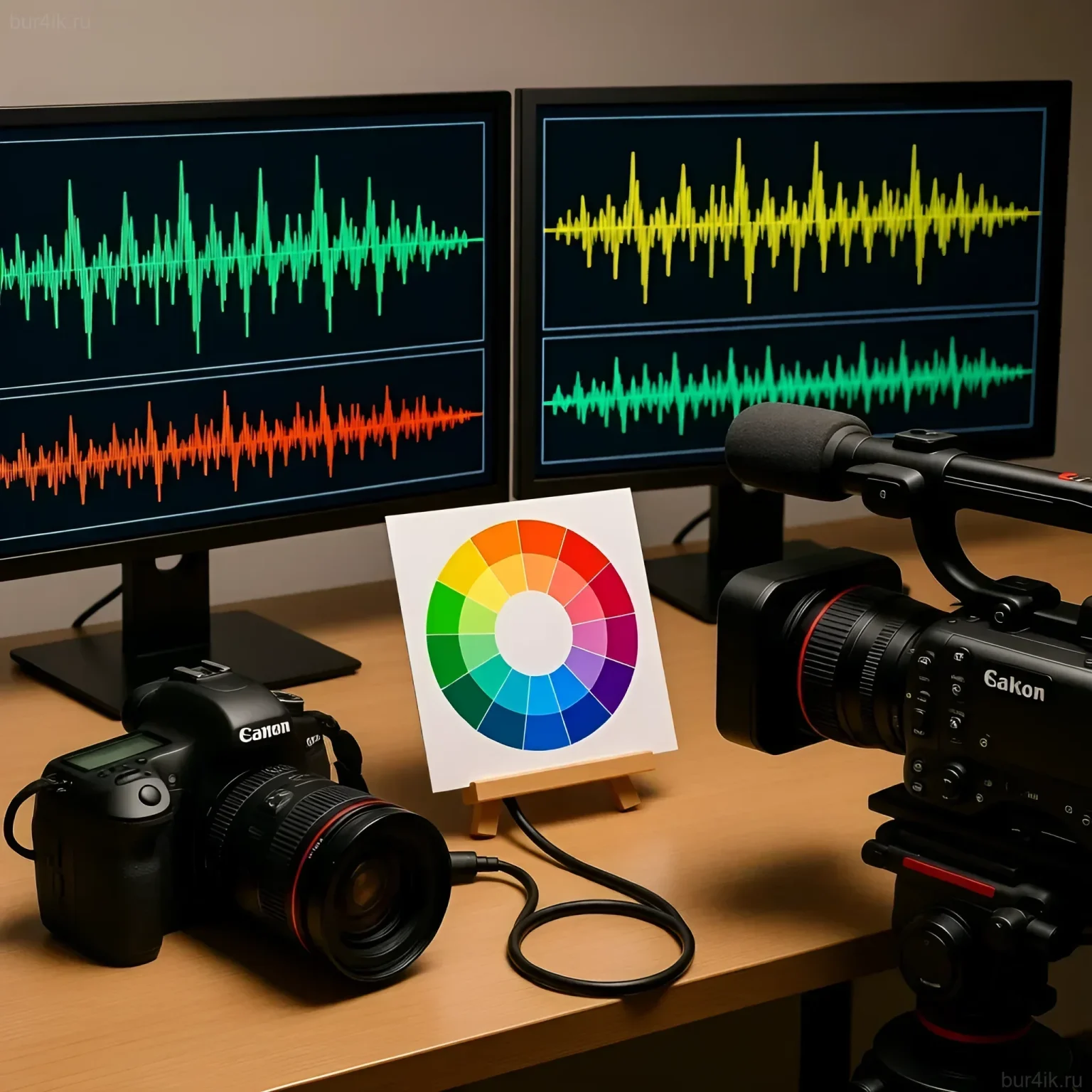 Изображение демонстрирует рабочее место фотографа и видеографа с синхронизированным оборудованием, подчеркивая важность совместимости для успешной коллаборации.