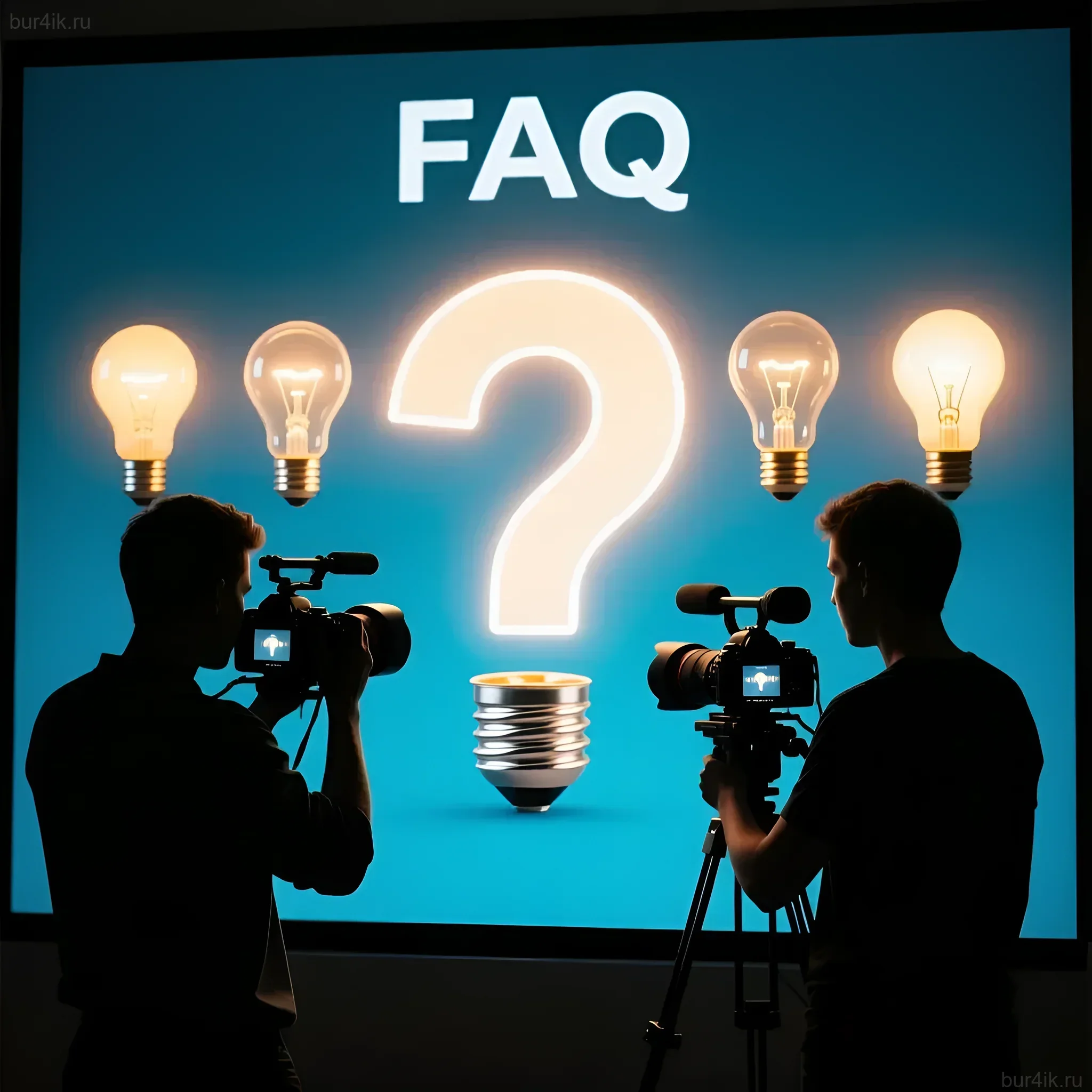 Иллюстрация для статьи о сотрудничестве фотографа и видеографа: фотокамеры, лампочки, знак вопроса FAQ. Концепция совместной работы.