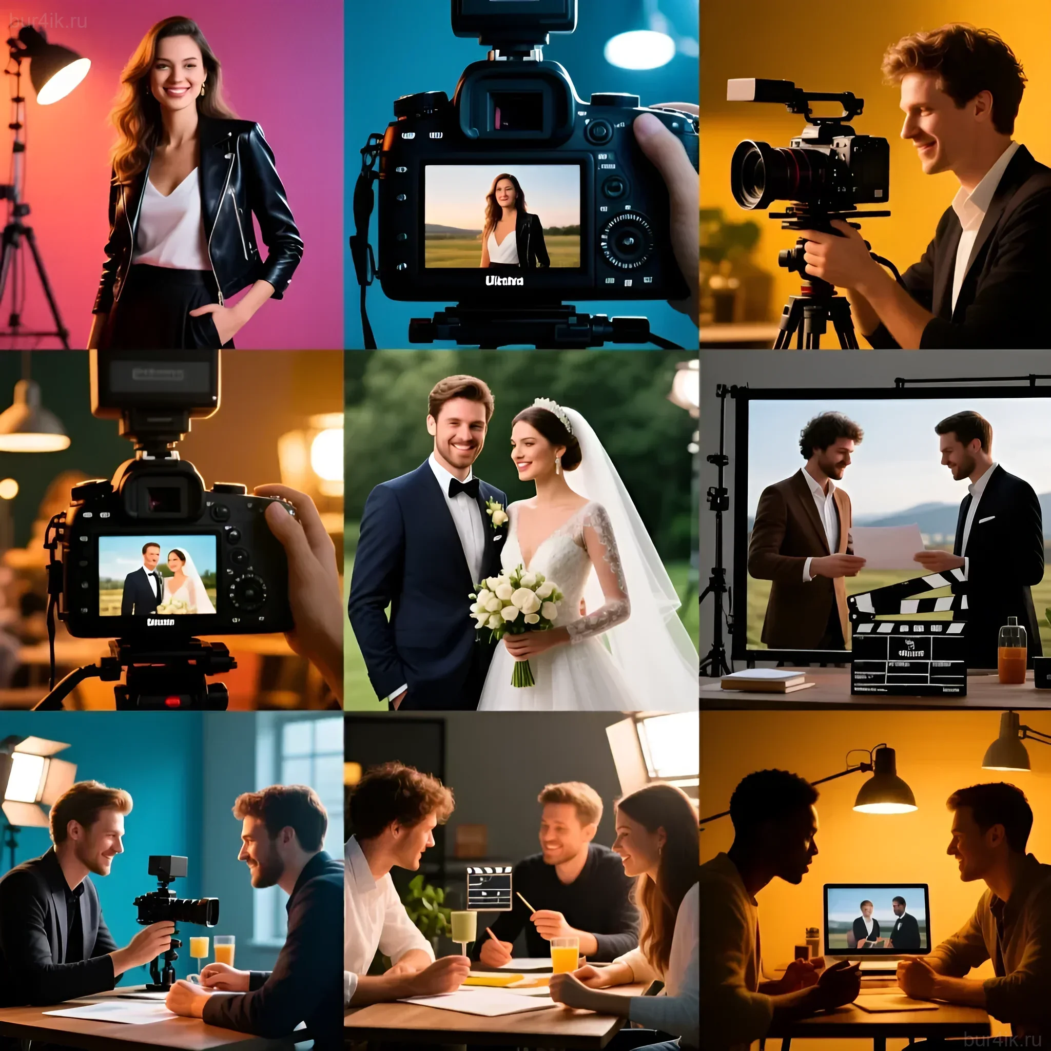 Коллаж, демонстрирующий этапы сотрудничества фотографа и видеографа на свадебном проекте: съемка портрета, работа с камерой, монтаж.