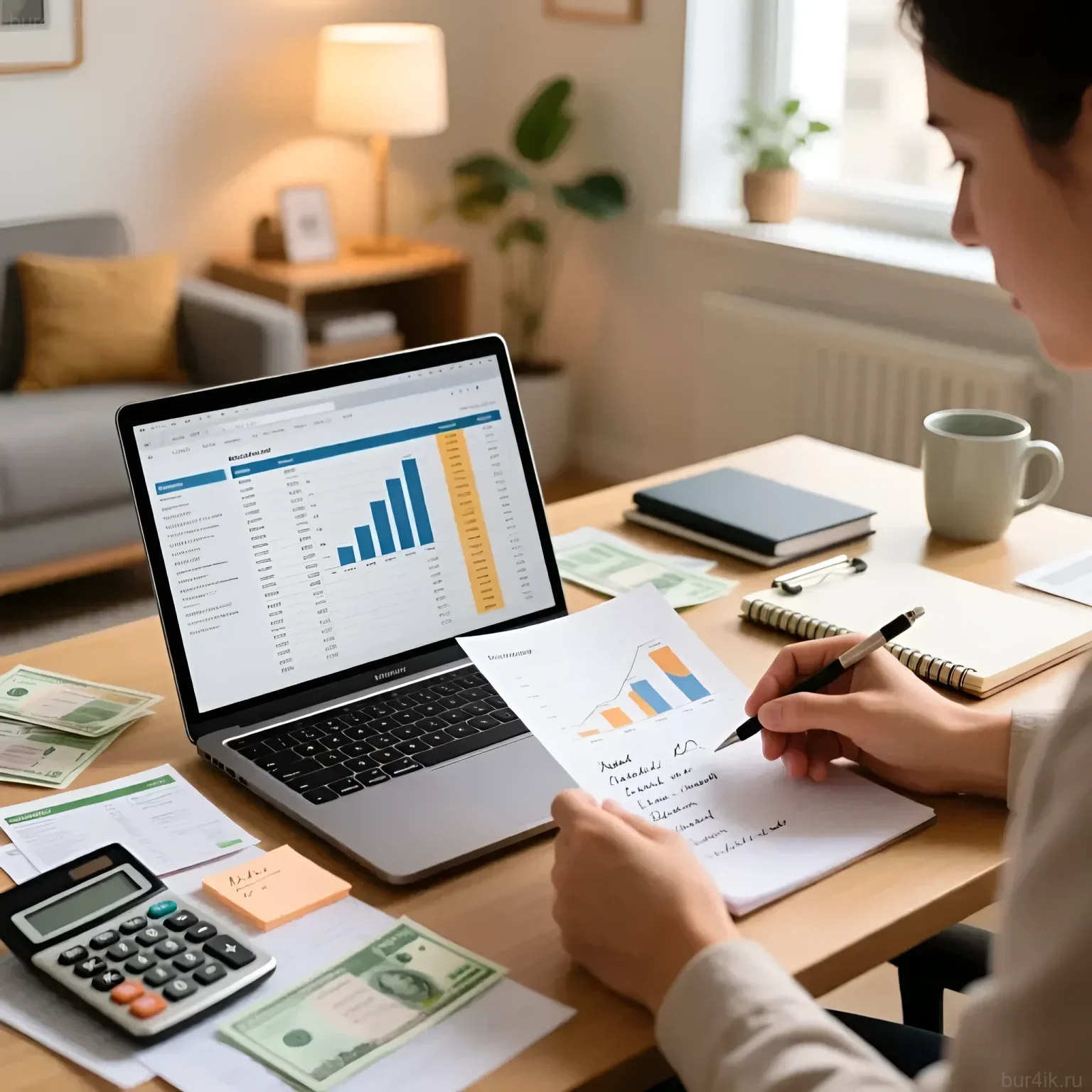 Фотография рабочего места с ноутбуком, графиками и деньгами, символизирующая планирование бюджета после увольнения и поиск финансовой стабильности.