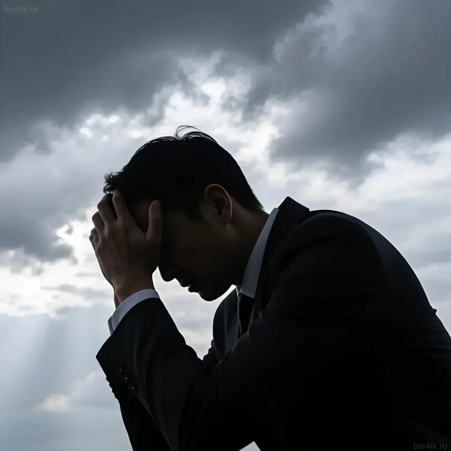 Фотография мужчины в костюме, держащего голову руками на фоне драматичного неба. Символизирует шок и отчаяние после увольнения, начало сложного пути восстановления.
