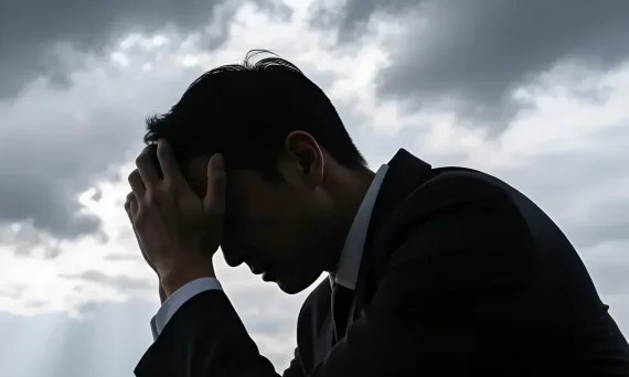 Фотография мужчины в костюме, держащего голову руками на фоне драматичного неба. Символизирует шок и отчаяние после увольнения, начало сложного пути восстановления.