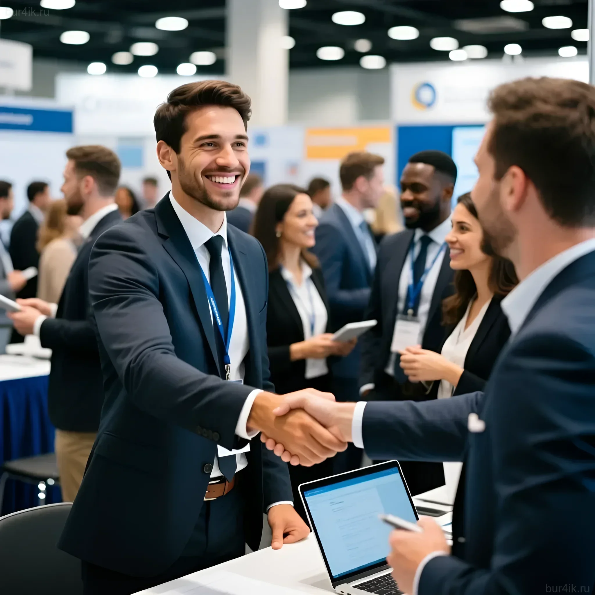 Фотография с ярмарки вакансий: уверенный мужчина пожимает руку рекрутеру. Иллюстрация к статье о поиске работы.