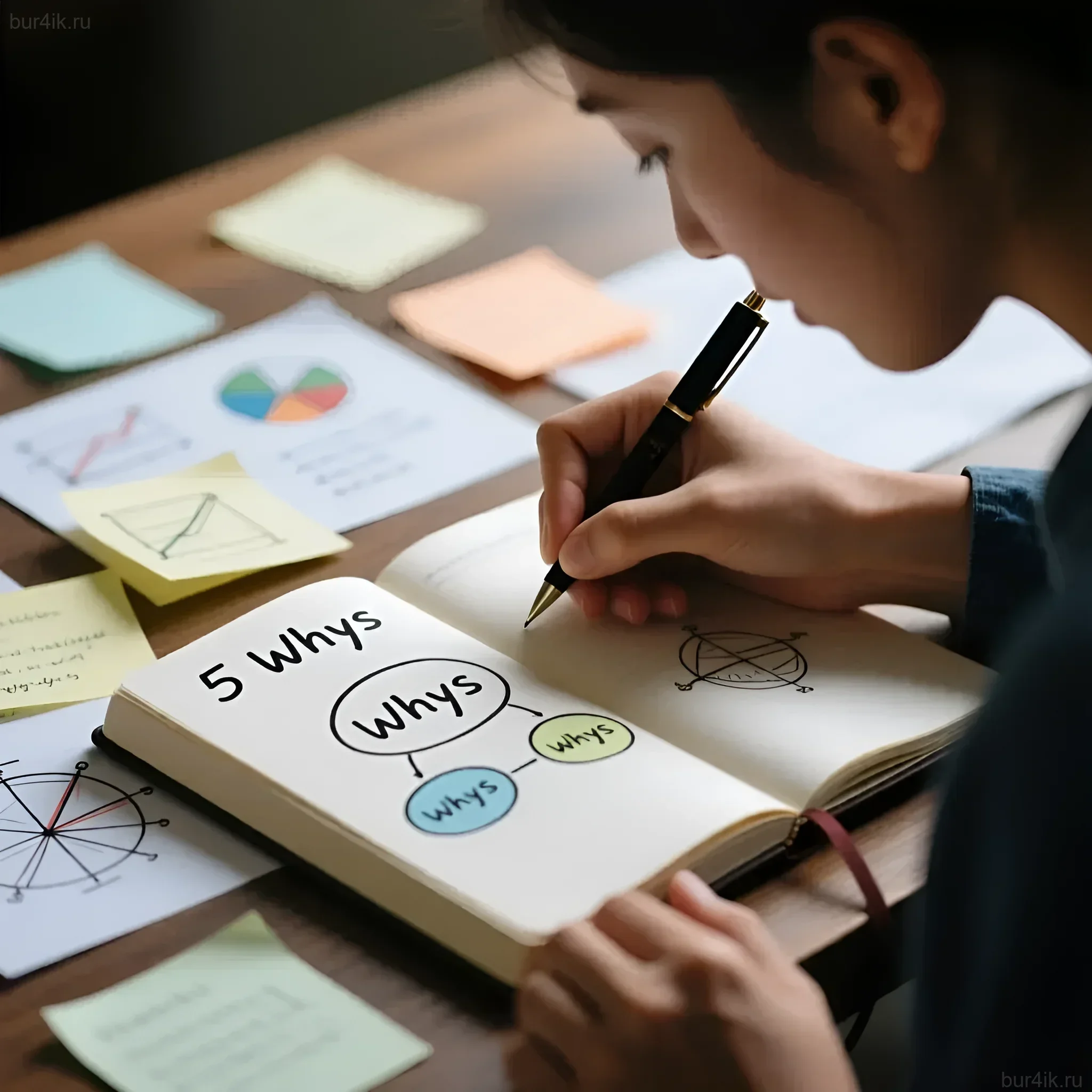 Фотография демонстрирует процесс самоанализа после увольнения с использованием метода '5 Почему'. Иллюстрирует важность выявления корневых причин неудач.