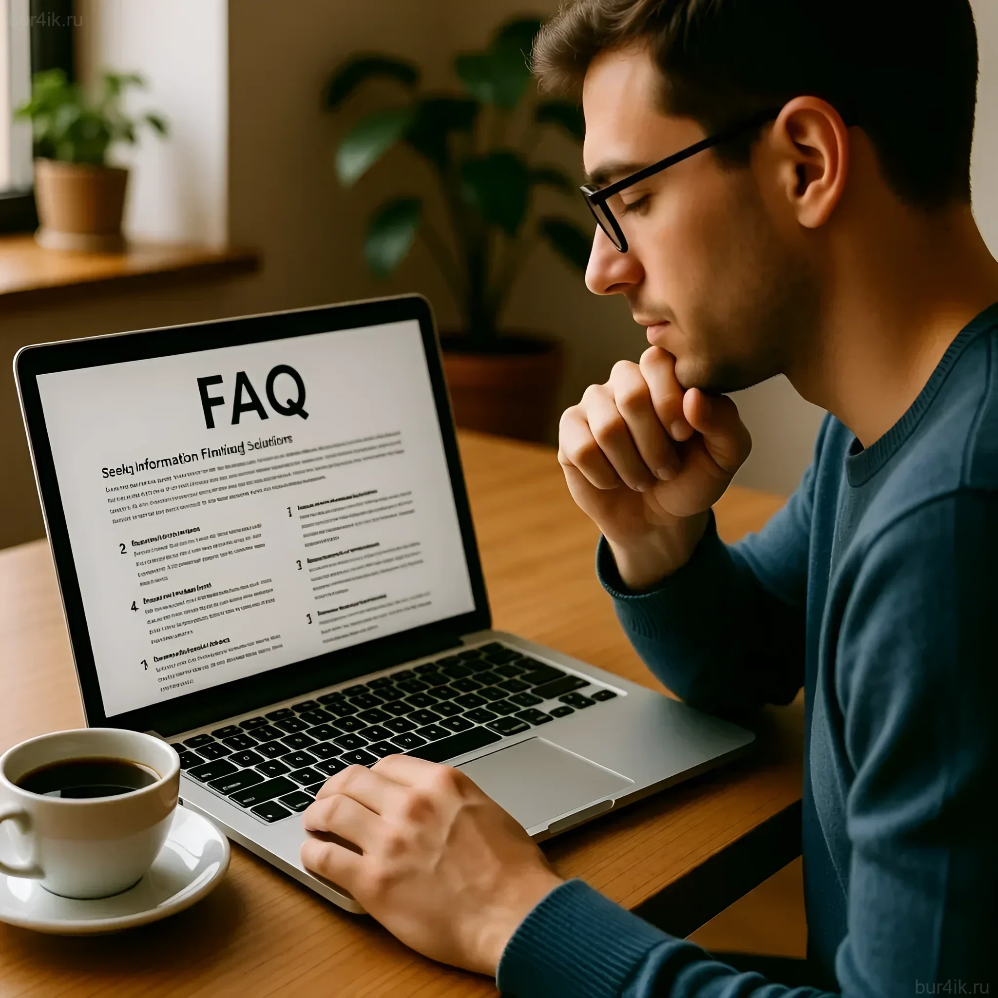 Фотография сосредоточенного человека, изучающего раздел FAQ на ноутбуке, символизирует поиск решений и информации после потери работы.