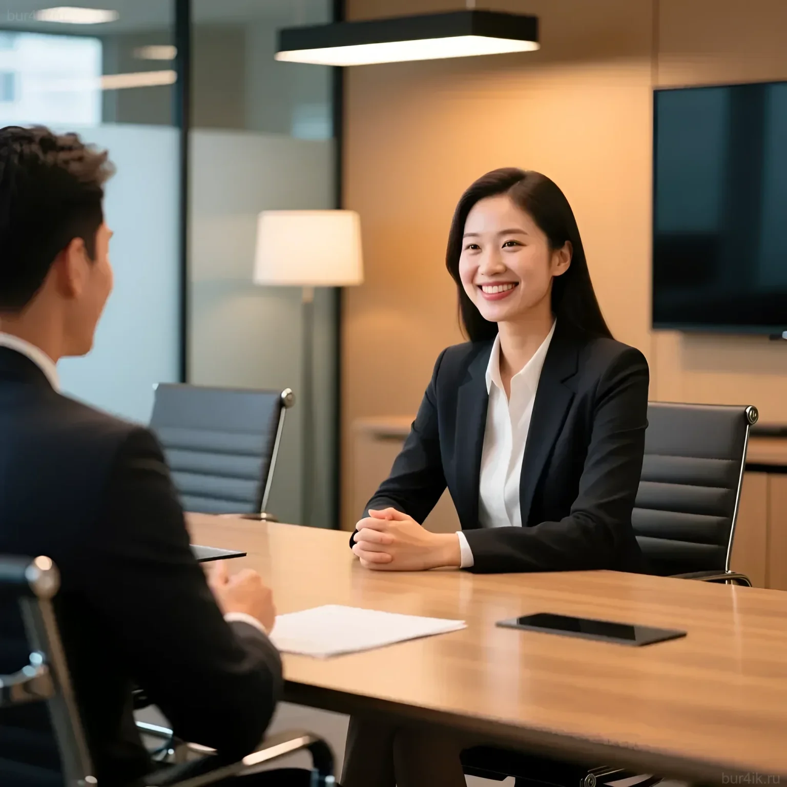 Фотография деловой женщины, успешно проходящей собеседование. Иллюстрация к статье о поиске работы и подготовке к интервью.