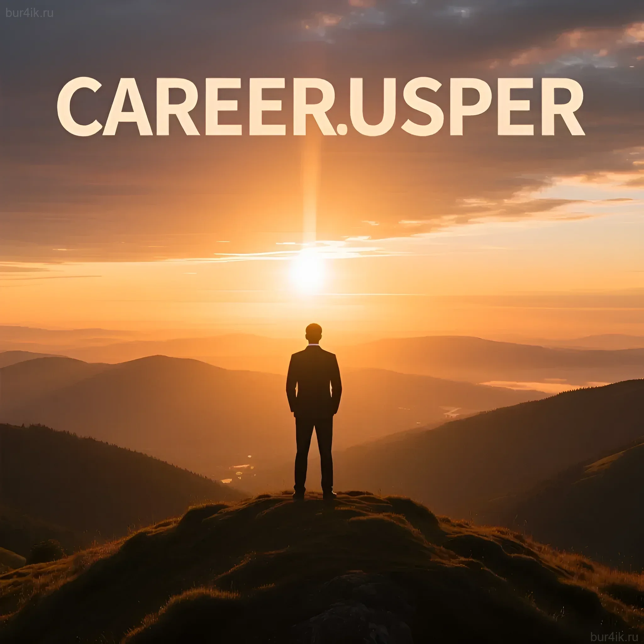 Фотография мужчины в костюме, смотрящего на восход солнца с вершины горы, символизирует новые возможности и начало после увольнения.