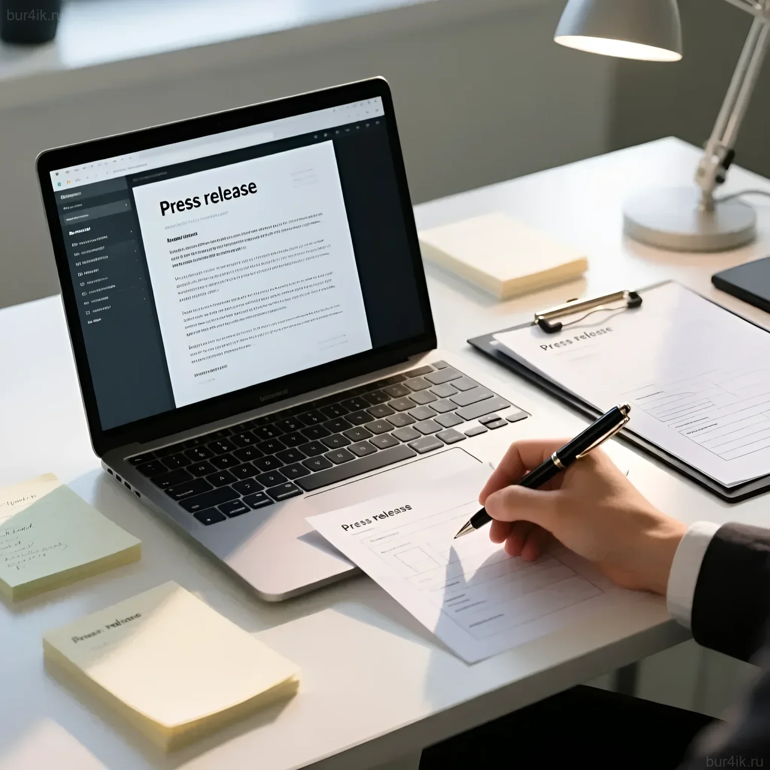 Изображение демонстрирует процесс подготовки пресс-релиза к художественной выставке: ноутбук с текстом и распечатанные версии.