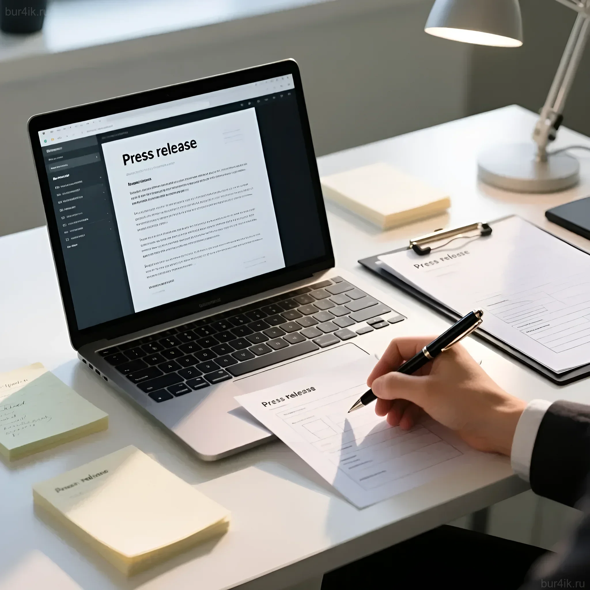 Изображение демонстрирует процесс подготовки пресс-релиза к художественной выставке: ноутбук с текстом и распечатанные версии.