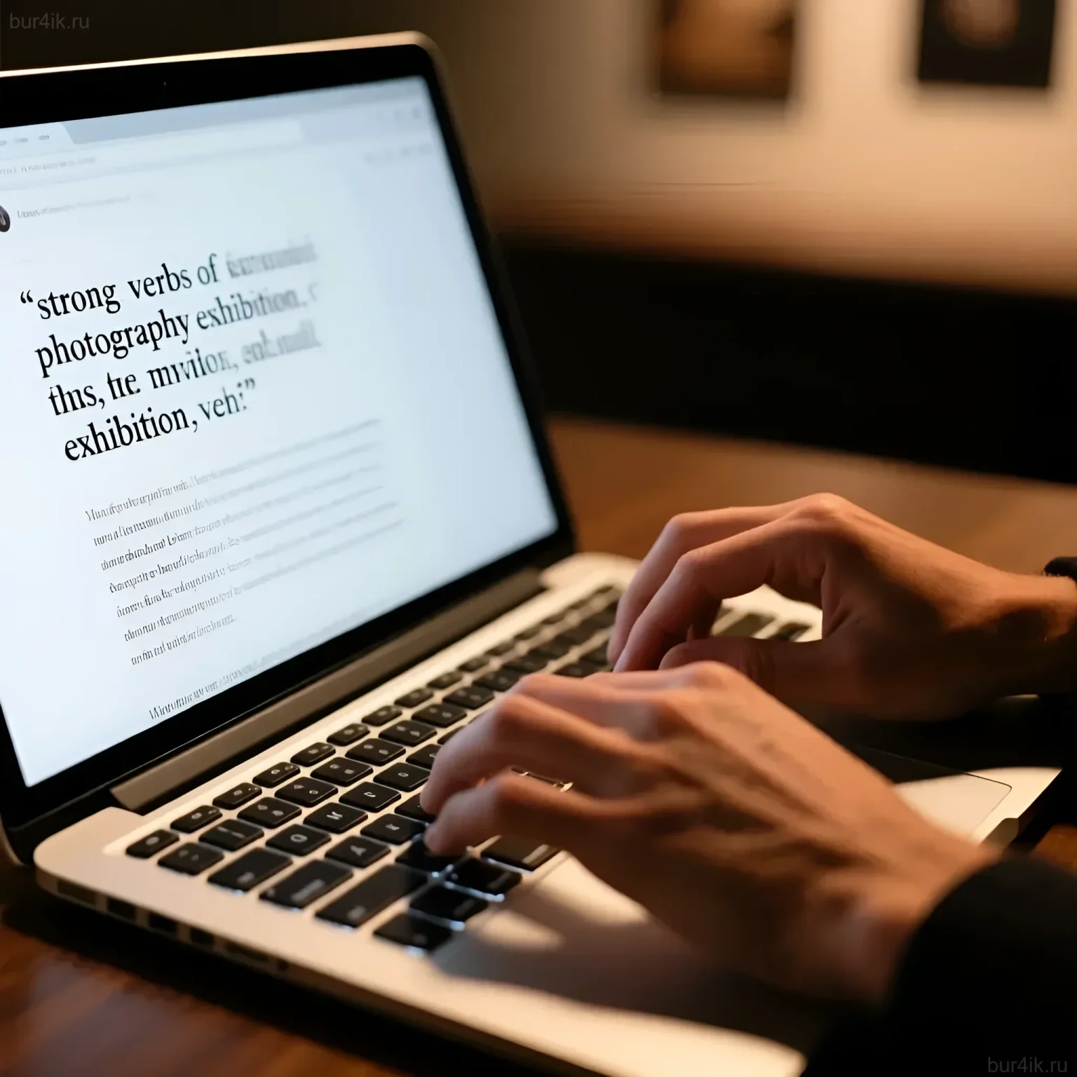 Фотография рук, печатающих текст на ноутбуке, иллюстрирует создание пресс-релиза для продвижения художественной выставки. Акцент на творческой работе.
