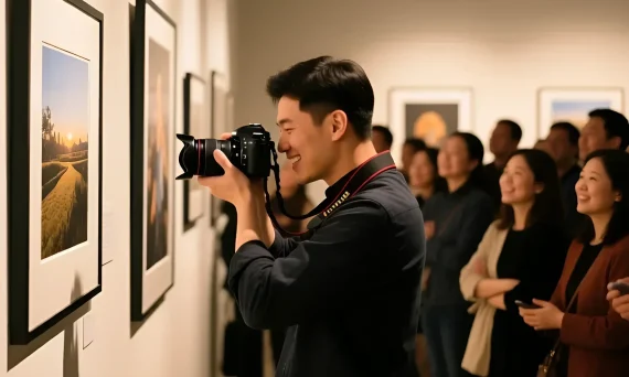 Фотография с выставки изображает улыбающегося фотографа, снимающего пейзаж. Атмосфера вдохновения и творческого процесса.