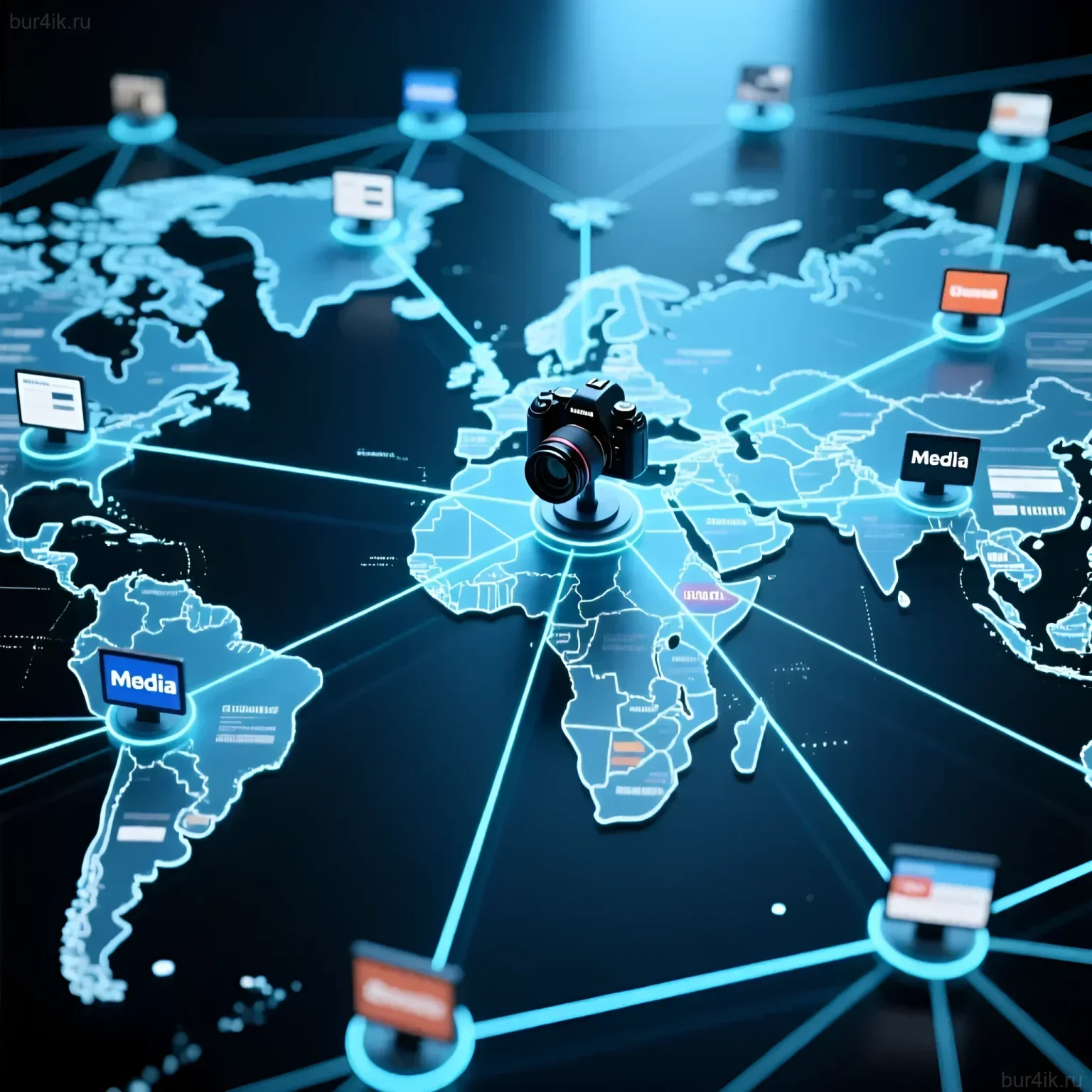 Изображение демонстрирует концепцию распространения информации о фотовыставке через глобальную сеть медиа-ресурсов и социальных сетей.