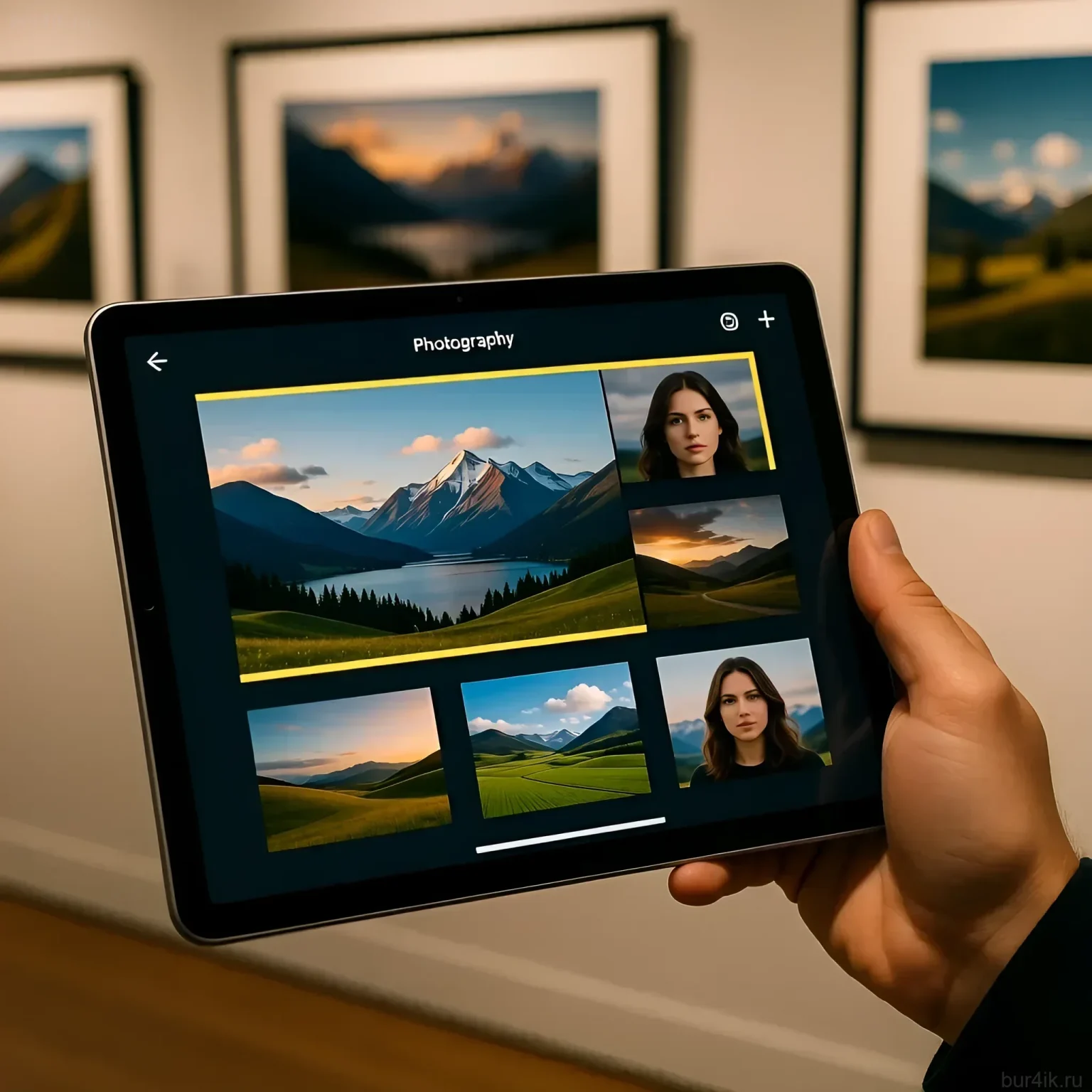 Изображение демонстрирует презентацию художественных работ на планшете, включая пейзажи и портреты, что идеально для пресс-релиза о выставке.
