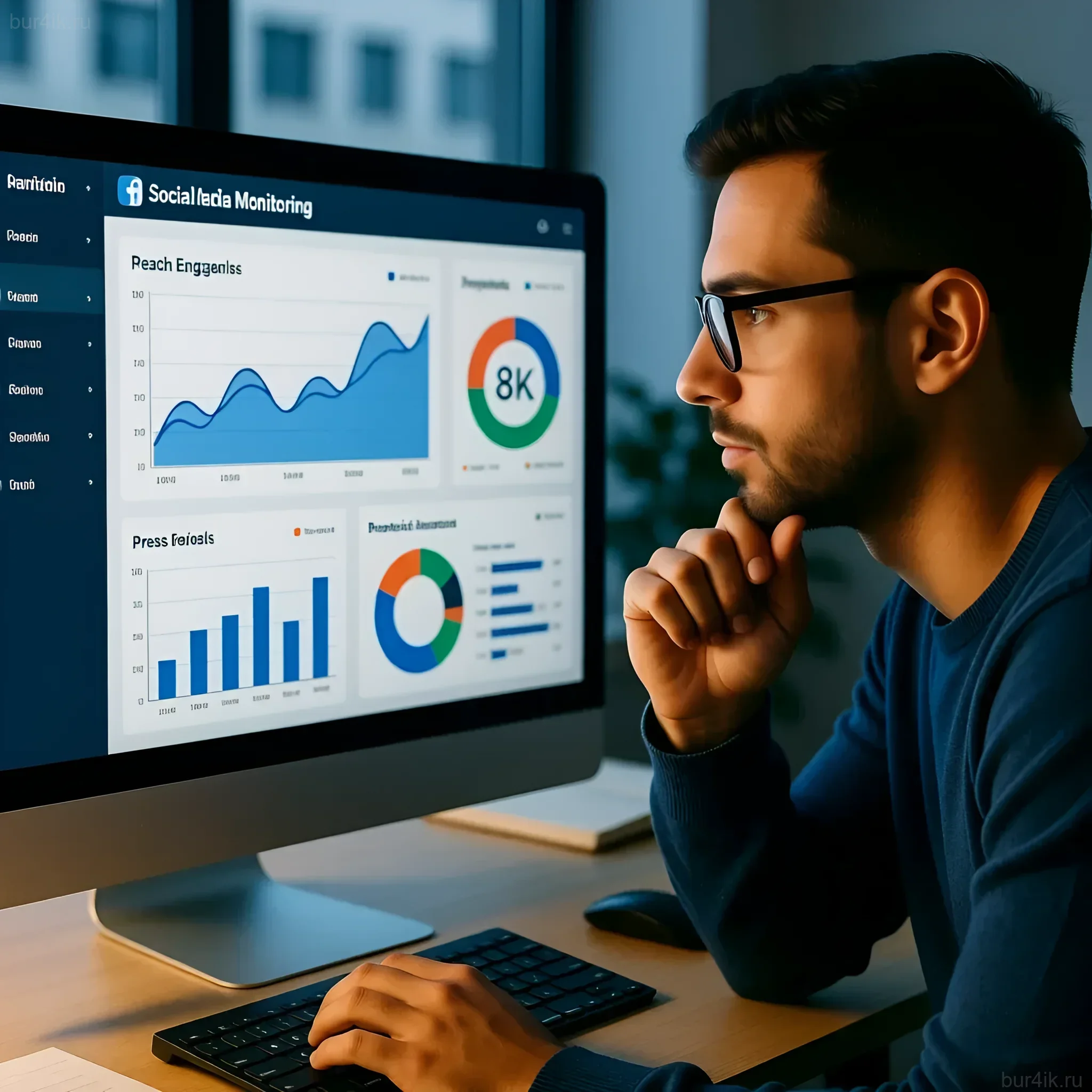 Мужчина анализирует данные о пресс-релизе на мониторе компьютера. Иллюстрация для статьи о мониторинге эффективности PR-кампании.
