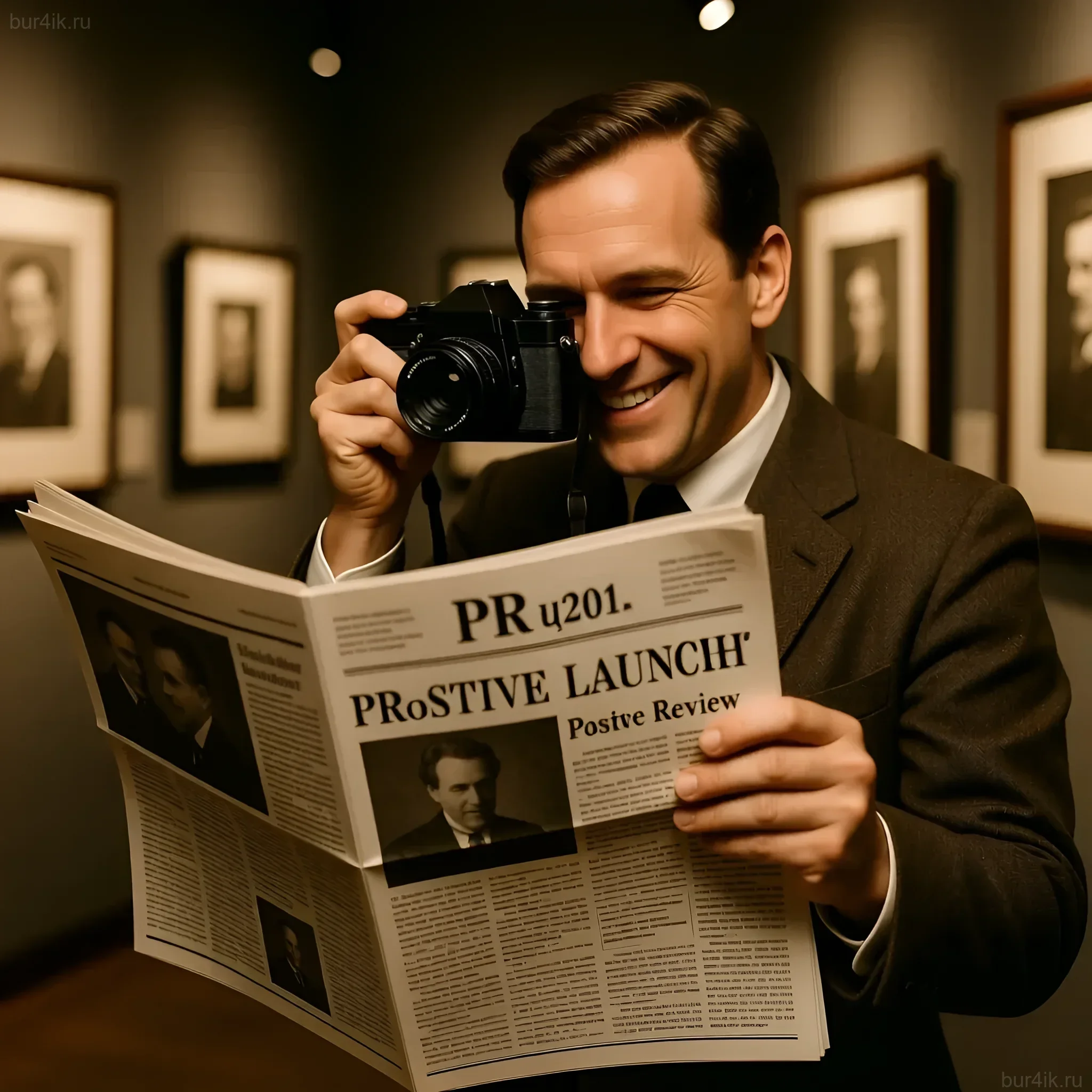 Иллюстрация к статье о PR в фотографии: довольный фотограф читает положительный отзыв о своей выставке в газете.