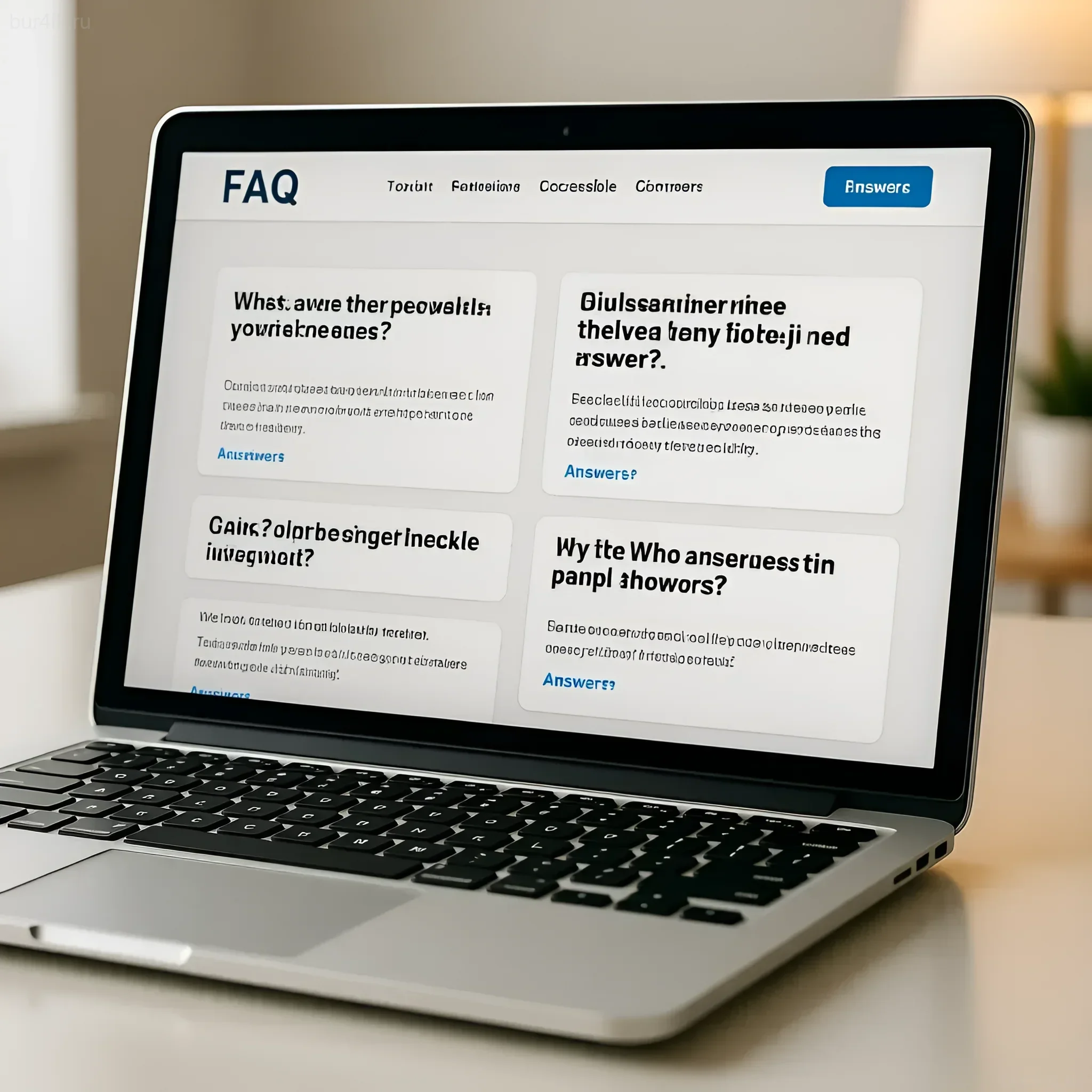 Изображение раздела FAQ на сайте bur4ik.ru, посвященного пресс-релизам для фотовыставок. Стильный минималистичный дизайн с ноутбуком.