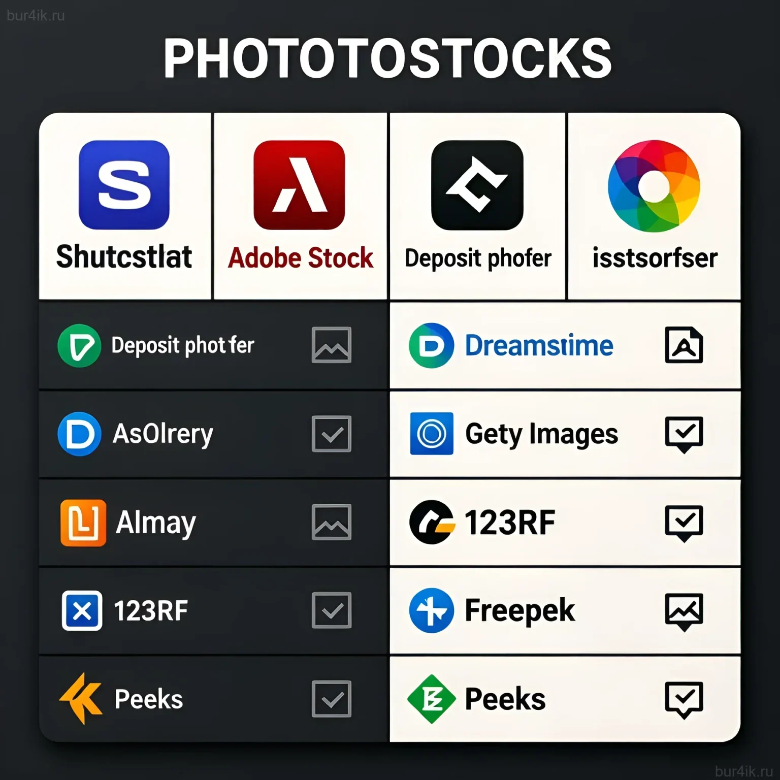 Коллаж логотипов популярных фотостоков: Shutterstock, Adobe Stock, Depositphotos и других. Идеально для статьи о заработке на фото.