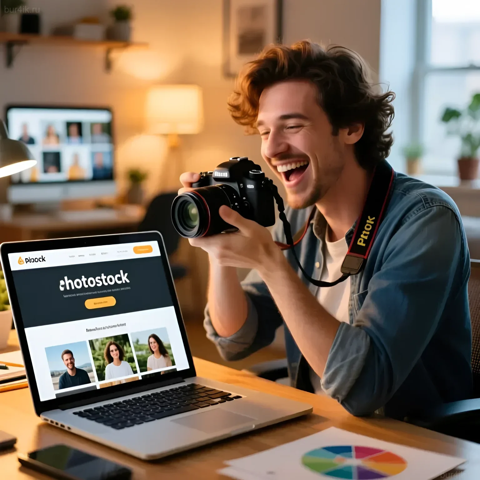 Изображение молодого, улыбающегося фотографа, просматривающего свои работы на ноутбуке с интерфейсом фотостока. Концепция заработка на фотографии.